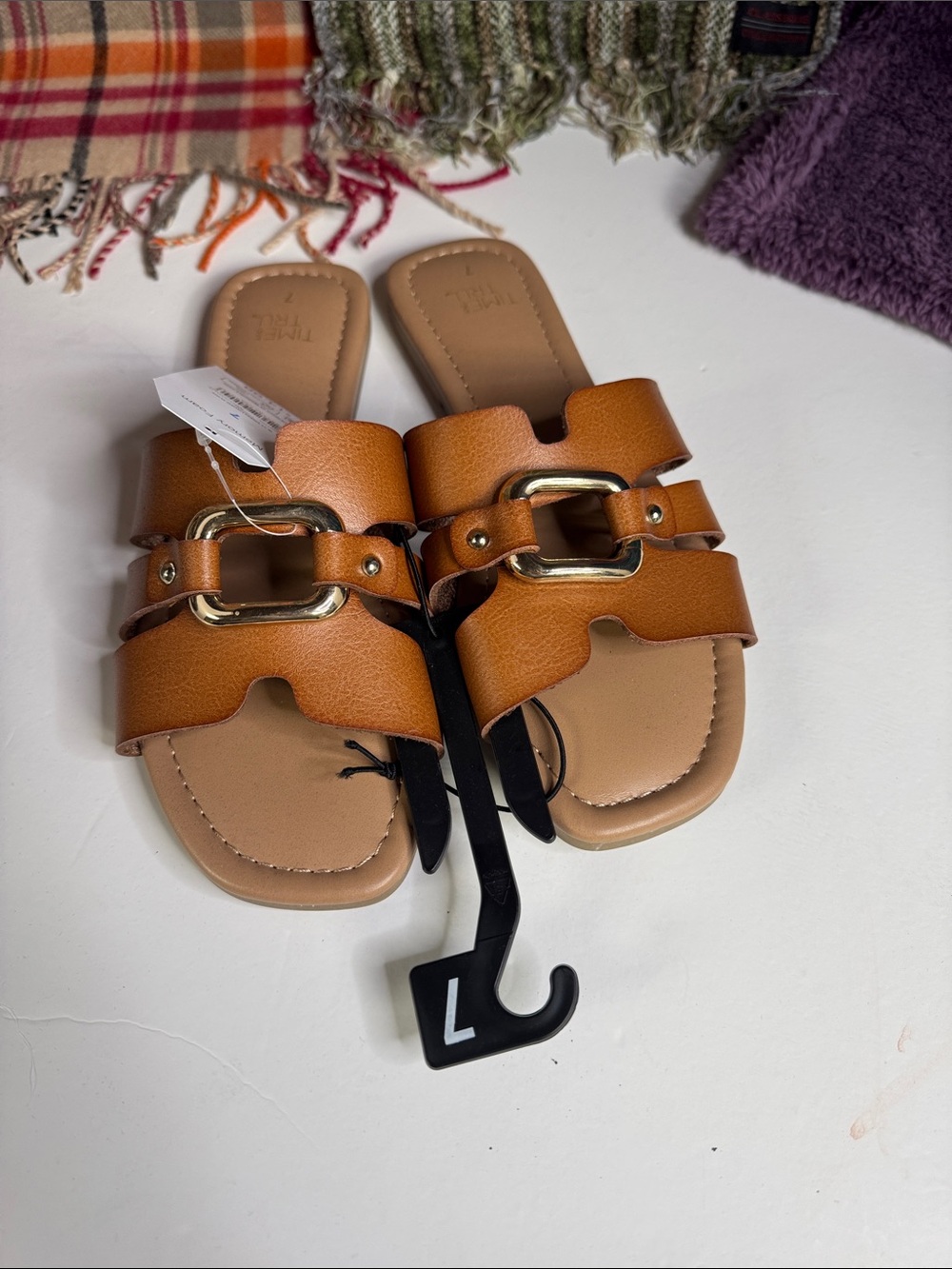 Time and Tru Tan Slide Sandals with Gold Buckle - Picture 4 of 4